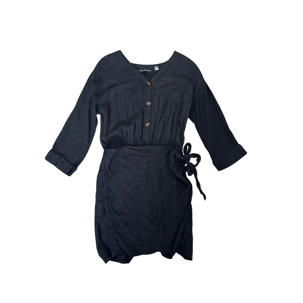 AnyBody Romper Womens XS Black Linen Blend Button Front Tie Waist